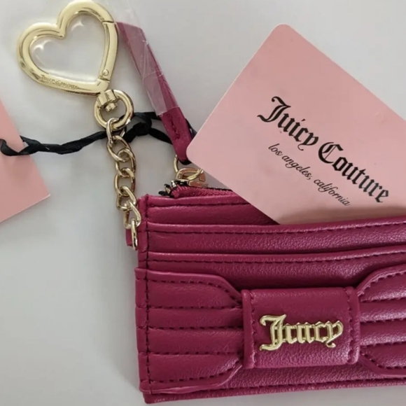 💕NWT Juicy Couture PRETTY BOW CARD CASE w/Heart Key Chain Logo RASPBERRY - Picture 4 of 7